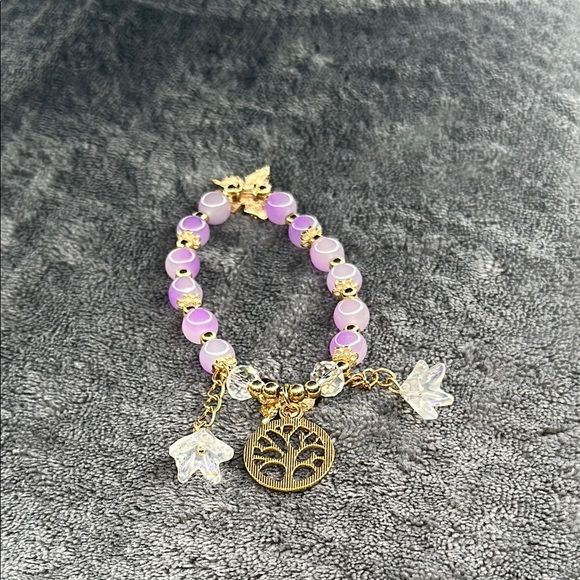 Butterfly 🦋 🌺 Flower & Tree of Life Gold & Purple Dangling 3d Charm Bracelet - Picture 10 of 10